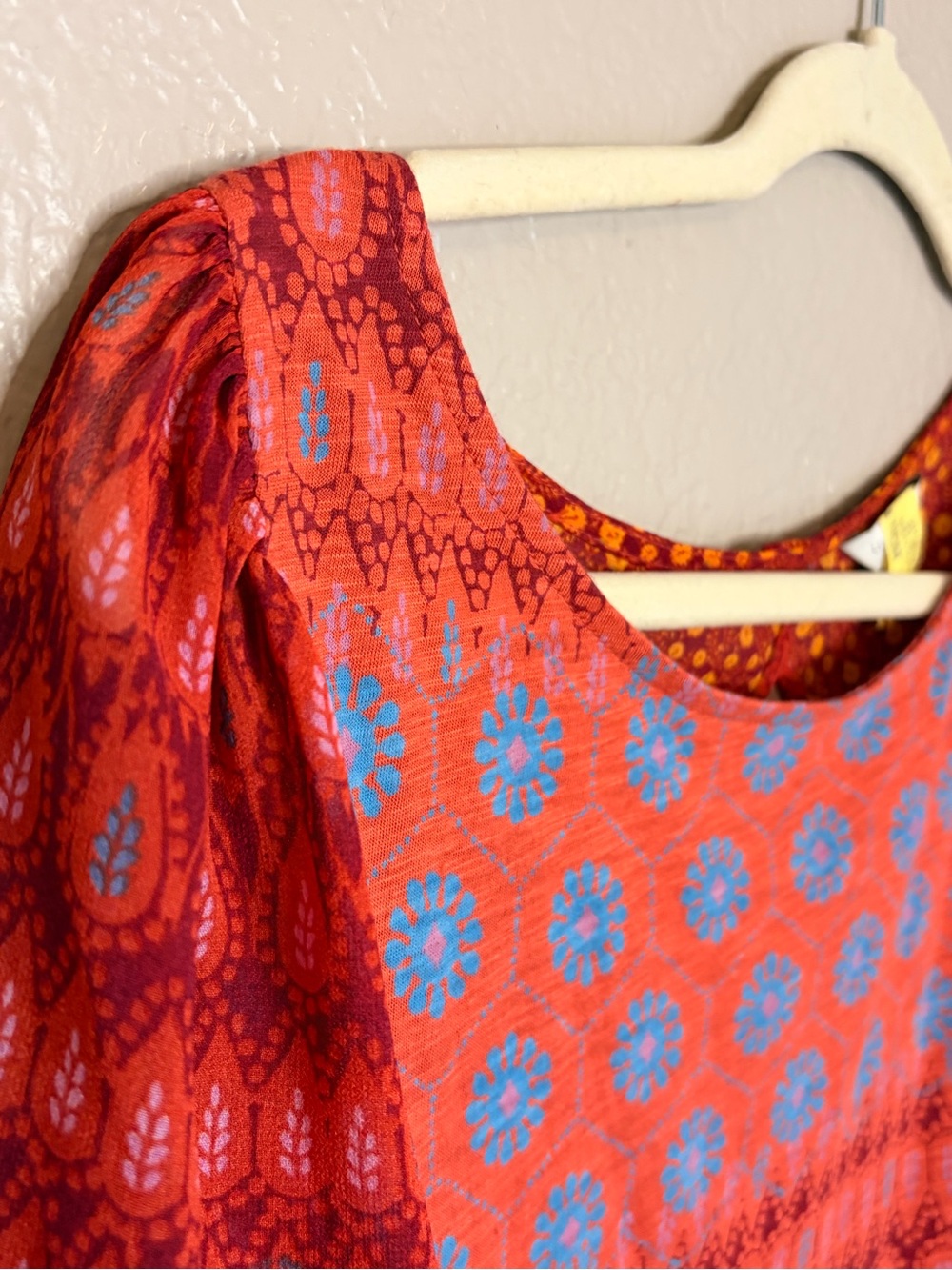 Red & Blue Boho Print Flutter Sleeve Blouse - Picture 3 of 10